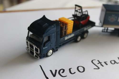 Iveco Stralis Truck 1:87, Herforder Beer, with Forklift truck, beer cases and beer barrel, not boxed