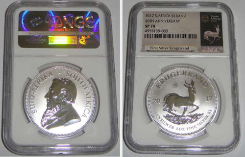 Republic of South Africa : 1 OZ SILVER Kruggerrand 2017 : NGC graded SP70 (Perfect Grading)