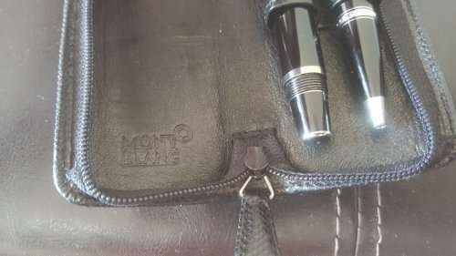 Mont Blanc Boheme Bleu Fountain Pen with 14ct White Gold Nib and Roller Ball Pen in Leather Sleeve
