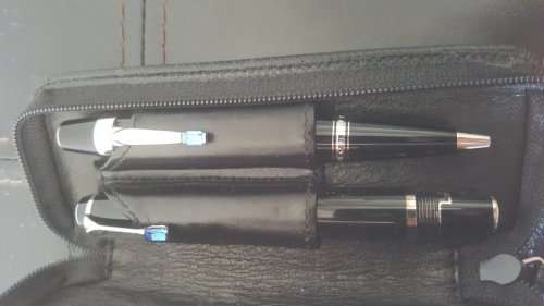 Mont Blanc Boheme Bleu Fountain Pen with 14ct White Gold Nib and Roller Ball Pen in Leather Sleeve