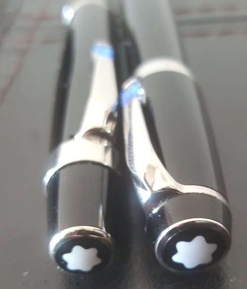 Mont Blanc Boheme Bleu Fountain Pen with 14ct White Gold Nib and Roller Ball Pen in Leather Sleeve