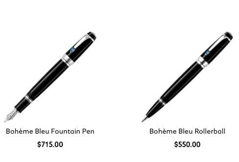 Mont Blanc Boheme Bleu Fountain Pen with 14ct White Gold Nib and Roller Ball Pen in Leather Sleeve