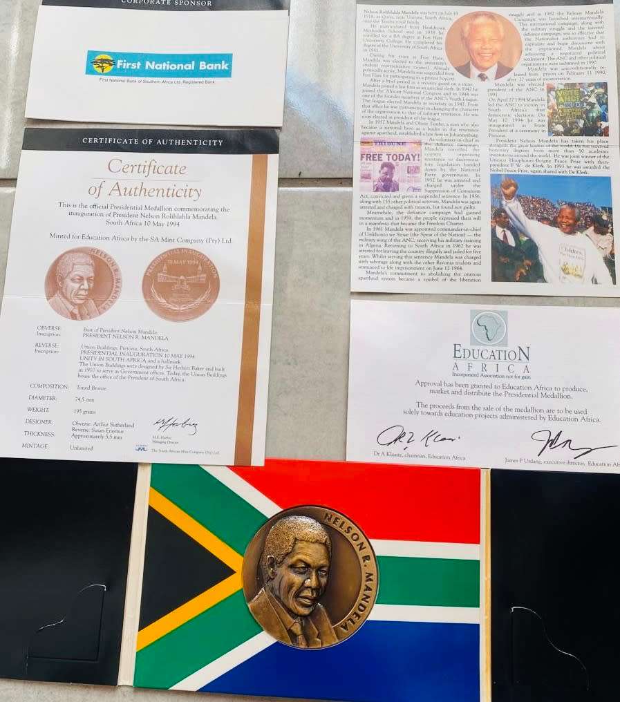 Nelson Mandela FNB Toned Bronze Medallion including Authentication Certificate
