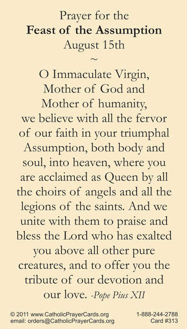 Catholic - Prayer for the Feast of the Assumption Holy Prayer Card