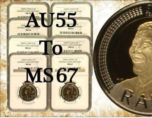 Nelson Mandela 90th Birthday 2008 R5 Set: AU55, AU58, MS62, MS63, MS64,MS65, MS66 and MS67