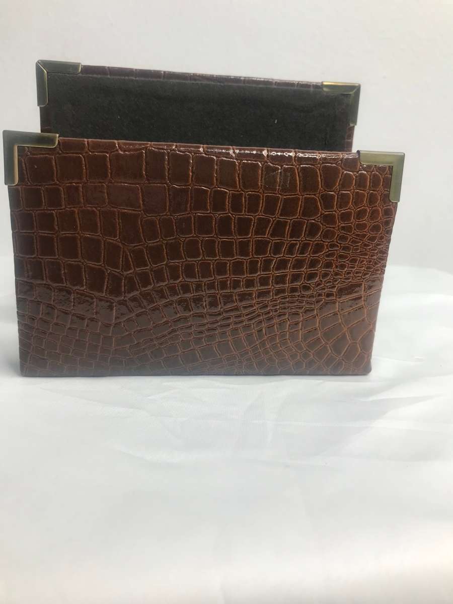 Crocodile Skin Book Letter Holder with gold plated edges Vintage Desk Decor