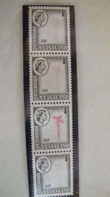 RHODESIA & NYASALAND - 1959 12 AUGUST - DEFINITIVE SERIES 1D COIL STAMP STRIP OF 4 CENTRE OMITTED