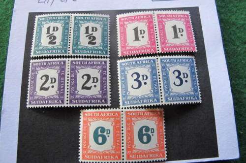 SOUTH AFRICA - S.A. 1948 - 1949 - SET OF 5 MINT HINGED  POSTAGE DUE PAIRS 1/2D / 1D / 2D / 3D / 6D