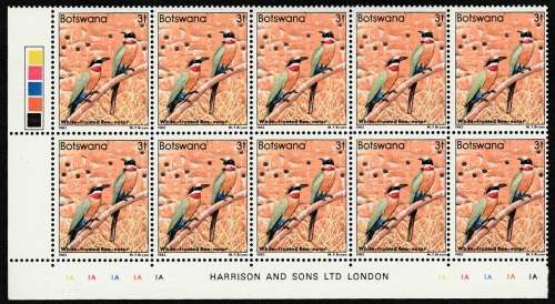 Botswana 1982 Birds Definitive 3T Cylinder blocks 1A/B of 10 with Imprint Unmounted Mint SG 517