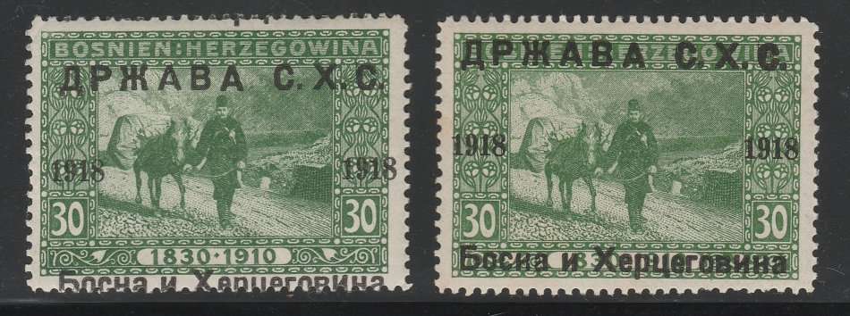 Yugoslavia 1918 30 Heller Green Large overprint shift Hinged Mint + Normal