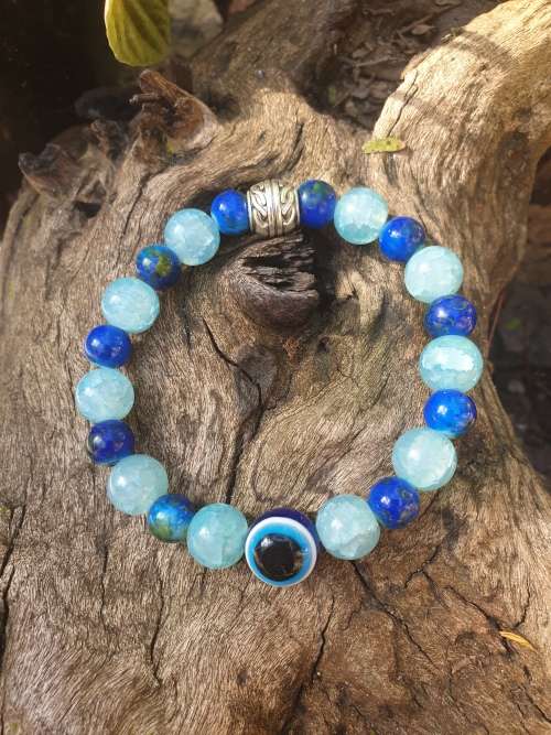 Blue moonstone gemstone beaded bracelet with the traditional dark blue evil eye