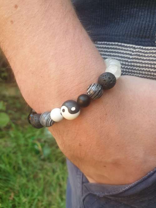 Black Lava Stone Bracelet with Yin Yang Centre Piece