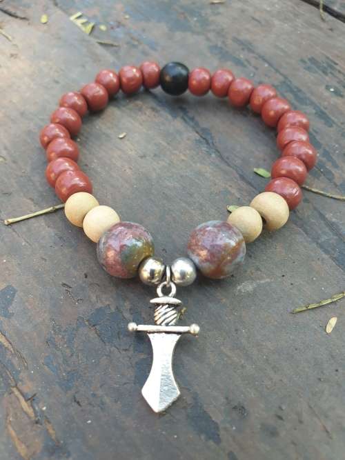 Rainbow Jasper Gemstone Beaded Bracelet with Sword Charm
