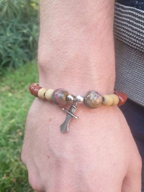 Rainbow Jasper Gemstone Beaded Bracelet with Sword Charm