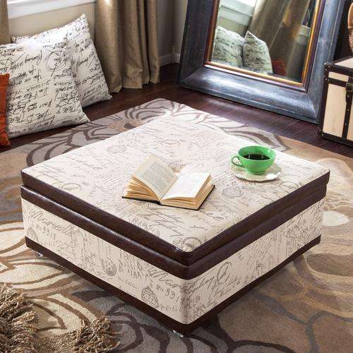 Hazlo Leatherette Coffee Table Storage Ottoman (Newspaper print or Brown)
