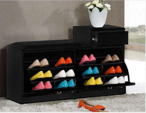 Stool Shoe Rack with Drawer (Black)