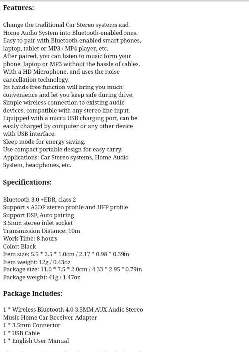 "LOCAL STOCK" Bluetooth receiver (hands free)