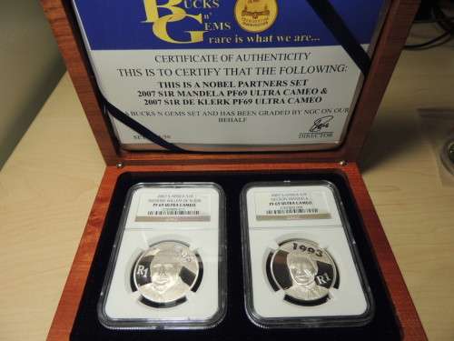 Nelson-Mandela + De Klerk Nobel-Prize-R1-Silver-2007 PF 69 ULTRA CAMEO