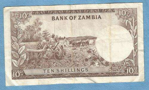 Zambia.1964 .Ten Shilling Used Note. Chaplins Barbet. View scans