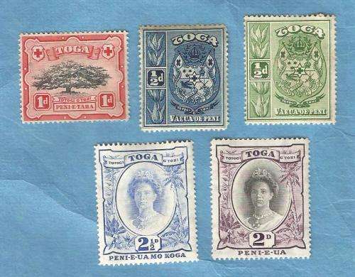Toga.1942/49. Queen Salote and Local Motives. 5 Mint Stamps.  CV +/- R 125.00 View scans