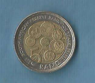 South Africa. 2021.S.A.Reserve Bank 100 Yrs.  Five Rand Coin. R 40.00  View Scans