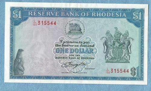 Rhodesia  1979. Reserve Bank of Rhodesia.One Dollar Note Uncirculated  V R 250.00   View scans