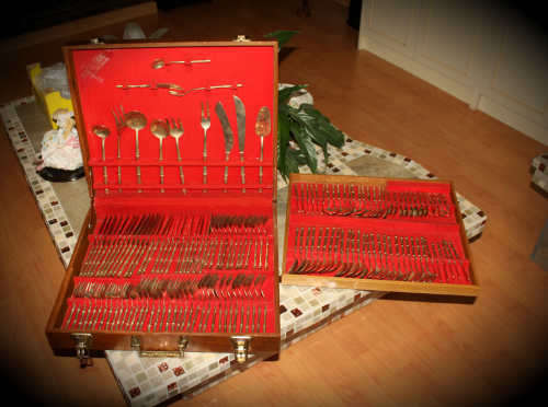 Very Large 158pc Bamboo pattern Nickel bronze Thai Flatware set in double Layer wooden Box 11.3kg