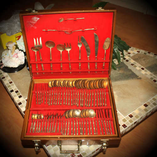 Very Large 158pc Bamboo pattern Nickel bronze Thai Flatware set in double Layer wooden Box 11.3kg