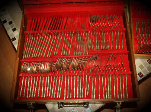 Very Large 158pc Bamboo pattern Nickel bronze Thai Flatware set in double Layer wooden Box 11.3kg