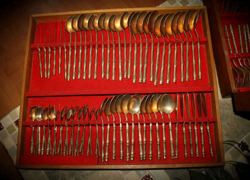 Very Large 158pc Bamboo pattern Nickel bronze Thai Flatware set in double Layer wooden Box 11.3kg
