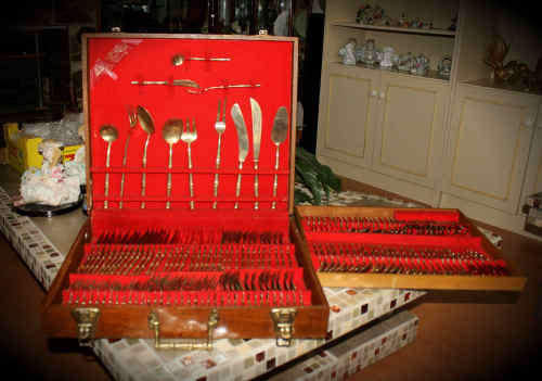 Very Large 158pc Bamboo pattern Nickel bronze Thai Flatware set in double Layer wooden Box 11.3kg