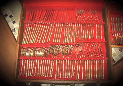 Very Large 158pc Bamboo pattern Nickel bronze Thai Flatware set in double Layer wooden Box 11.3kg