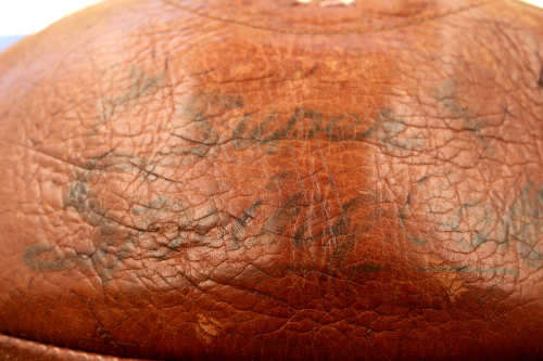 Vintage Leather Rugby Ball with Bladder - unidentified signatures on the ball