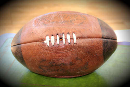 Vintage Leather Rugby Ball with Bladder - unidentified signatures on the ball