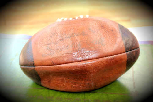 Vintage Leather Rugby Ball with Bladder - unidentified signatures on the ball