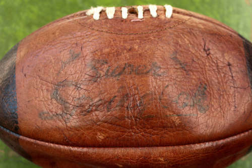 Vintage Leather Rugby Ball with Bladder - unidentified signatures on the ball