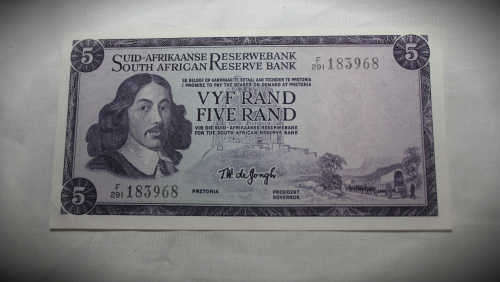OLD S.A Reserve Bank T.W De Jongh AFR/ENG R5 Note F291-183968-Uncirculated