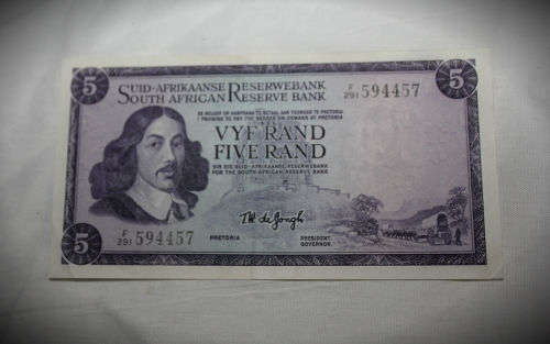 OLD S.A Reserve Bank T.W De Jongh AFR/ENG R5 Note F291-594457-Uncirculated