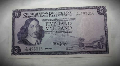 OLD S.A Reserve Bank T.W De Jongh AFR/ENG R5 Note F266-493016-Uncirculated