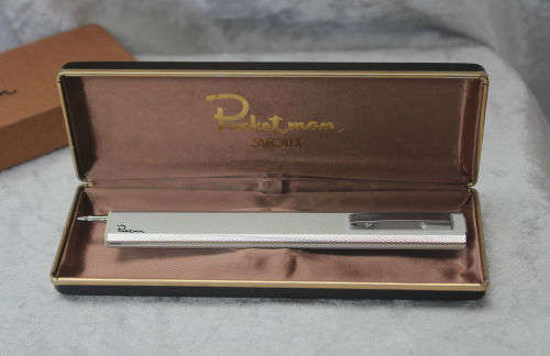Vintage Satolex Pearl Silver Pocket Man Pen/Calculator in box calculator not working