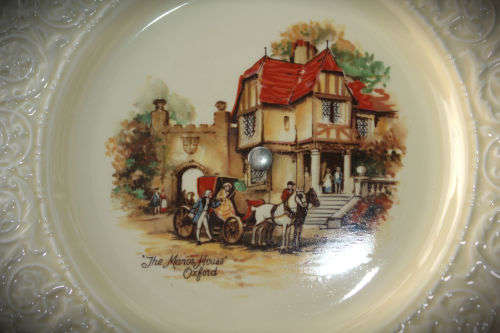 Vintage Hand Decorated Crown Devon Plate on stand COACHING DAYS The Manor House Oxford 112x255mm