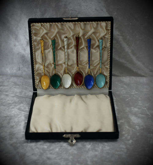 Art Deco Ela Denmark 925 Sterling Silver Set of 6 Guilloche Enamel Demitasse Spoons in Original Box