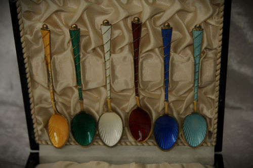 Art Deco Ela Denmark 925 Sterling Silver Set of 6 Guilloche Enamel Demitasse Spoons in Original Box