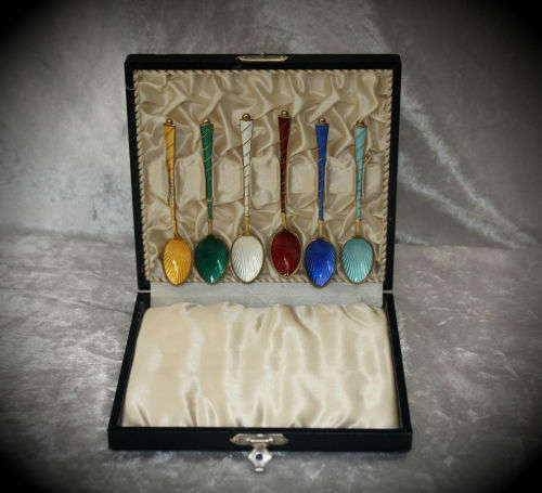 Art Deco Ela Denmark 925 Sterling Silver Set of 6 Guilloche Enamel Demitasse Spoons in Original Box