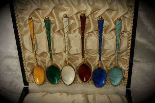 Art Deco Ela Denmark 925 Sterling Silver Set of 6 Guilloche Enamel Demitasse Spoons in Original Box