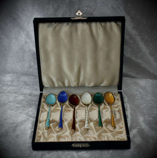 Art Deco Ela Denmark 925 Sterling Silver Set of 6 Guilloche Enamel Demitasse Spoons in Original Box