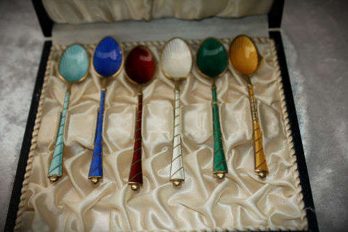 Art Deco Ela Denmark 925 Sterling Silver Set of 6 Guilloche Enamel Demitasse Spoons in Original Box