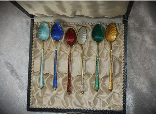 Art Deco Ela Denmark 925 Sterling Silver Set of 6 Guilloche Enamel Demitasse Spoons in Original Box