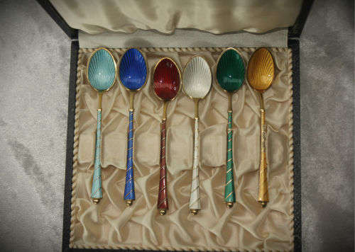 Art Deco Ela Denmark 925 Sterling Silver Set of 6 Guilloche Enamel Demitasse Spoons in Original Box