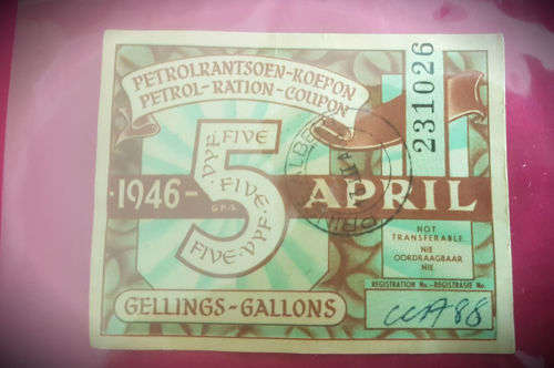 1946 April 5 Gallons- Petrol Ration Coupon - Petrolrantsoen Koepon (see all my CRAZY R1 Auctions)